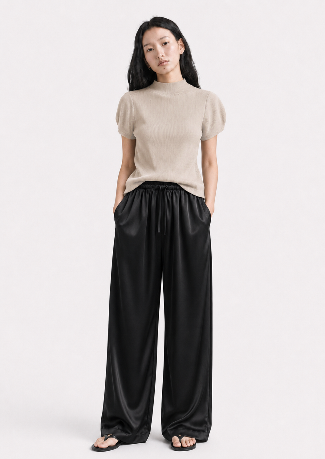 Pleated Half Neck Volume Sleeve Top