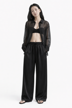 Satin Glossy Drawstring Wide Pants_Black