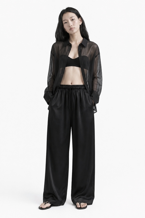 Satin Glossy Drawstring Wide Pants_Black
