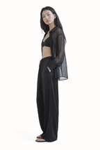 Satin Glossy Drawstring Wide Pants_Black