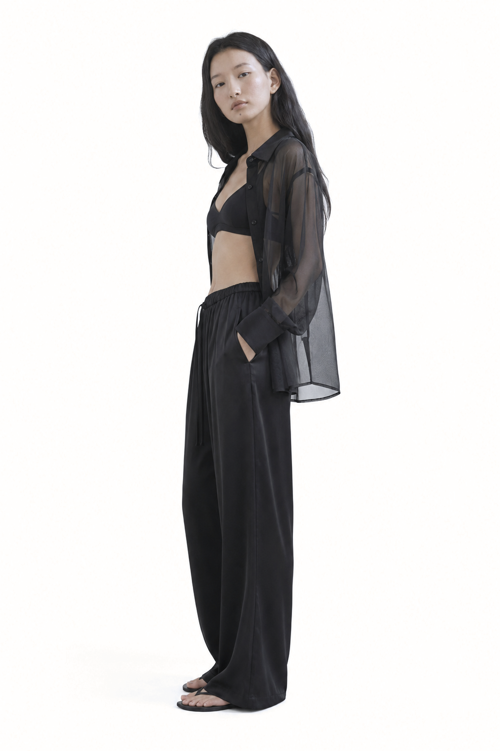 Satin Glossy Drawstring Wide Pants_Black
