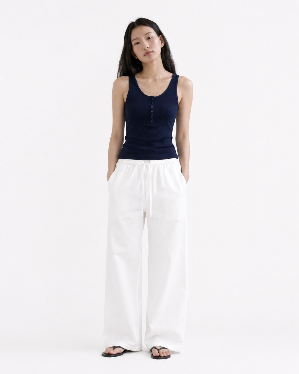 Soft-Ribbed Button Tank Top_Navy
