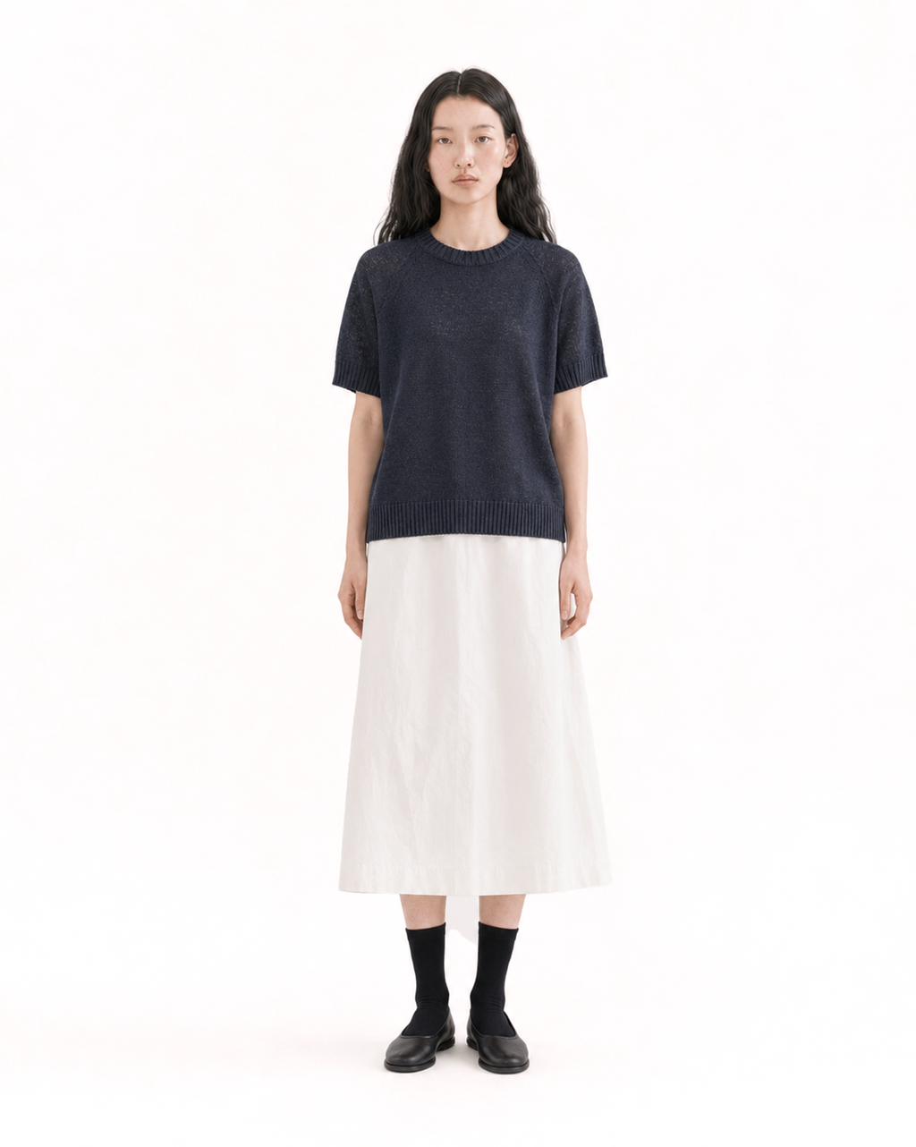 Cotton A-Line Banding Midi Skirt